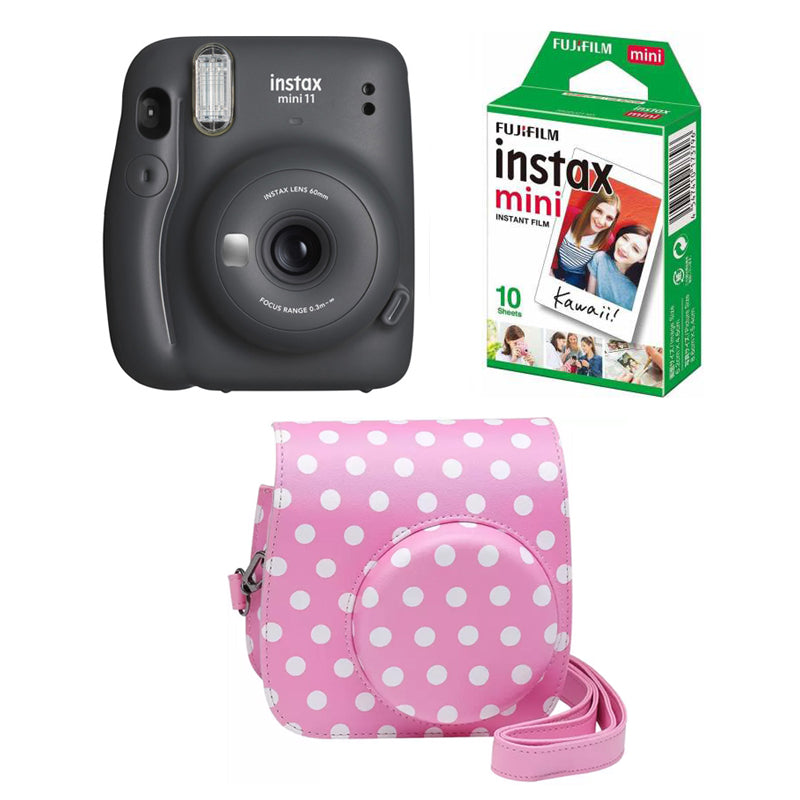 FUJIFILM INSTAX Mini 11 Instant Film Camera with 10X1 Pack of Instant Film With Dot Pink Pouch Charcoal Gray