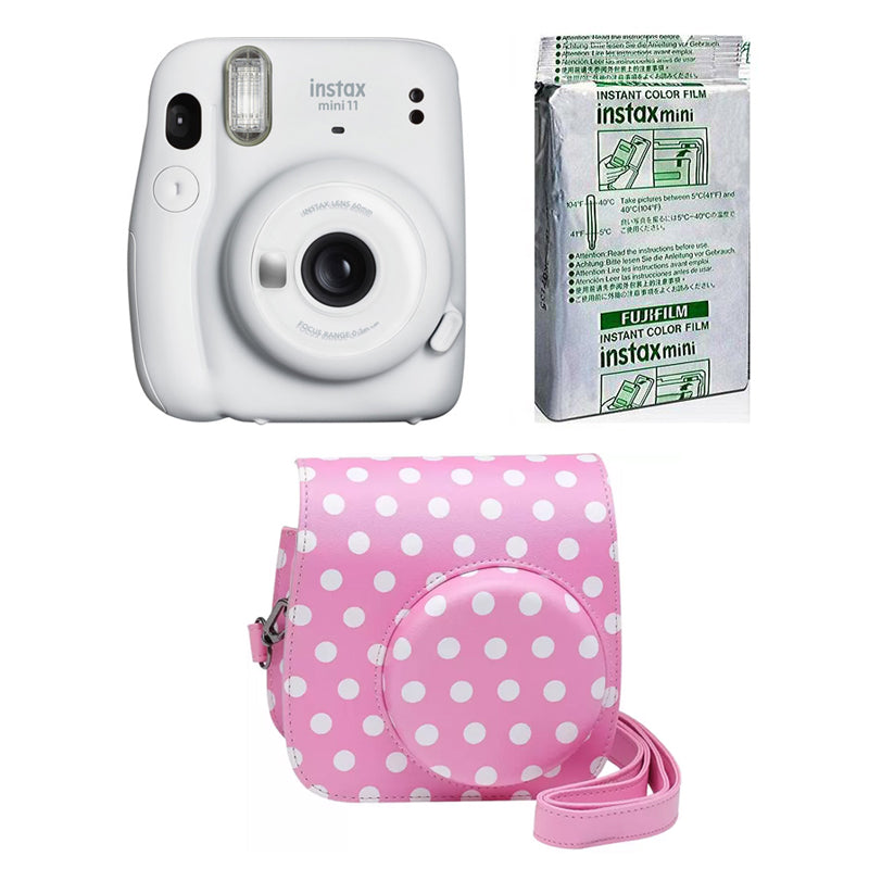 FUJIFILM INSTAX Mini 11 Instant Film Camera with 10X1 Pack of Instant Film With Dot Pink Pouch Ice White