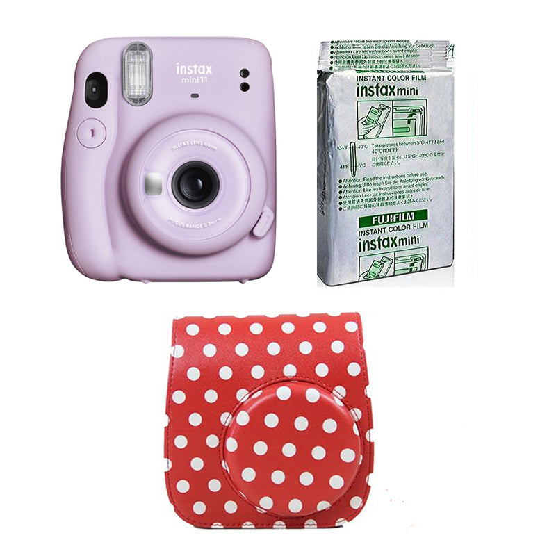FUJIFILM INSTAX Mini 11 Instant Film Camera with 10X1 Pack of Instant Film With Dot Red Pouch Lilac Purple