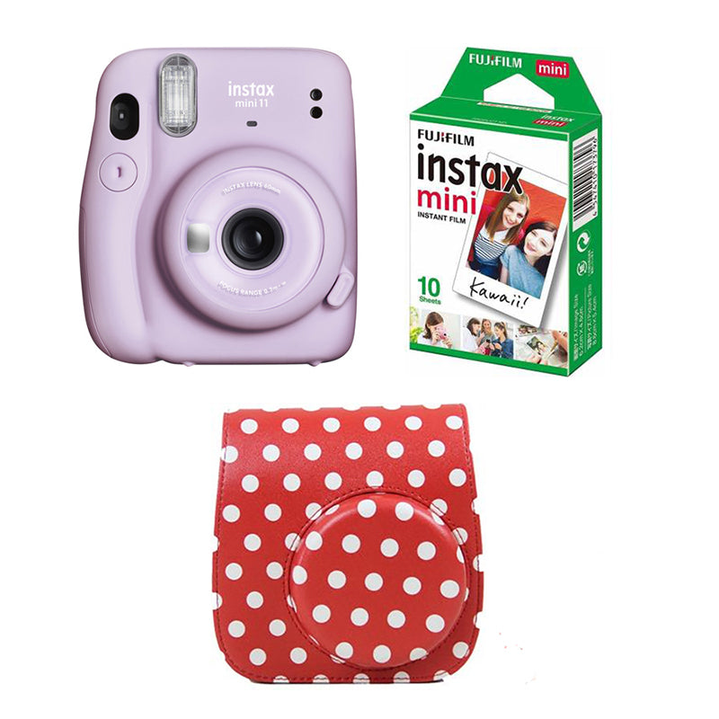FUJIFILM INSTAX Mini 11 Instant Film Camera with 10X1 Pack of Instant Film With Dot Red Pouch Lilac Purple