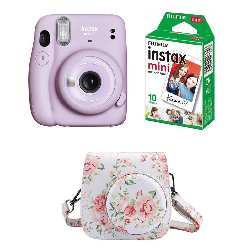 FUJIFILM INSTAX Mini 11 Instant Film Camera with 10X1 Pack of Instant Film With Floral Pouch Lilac Purple