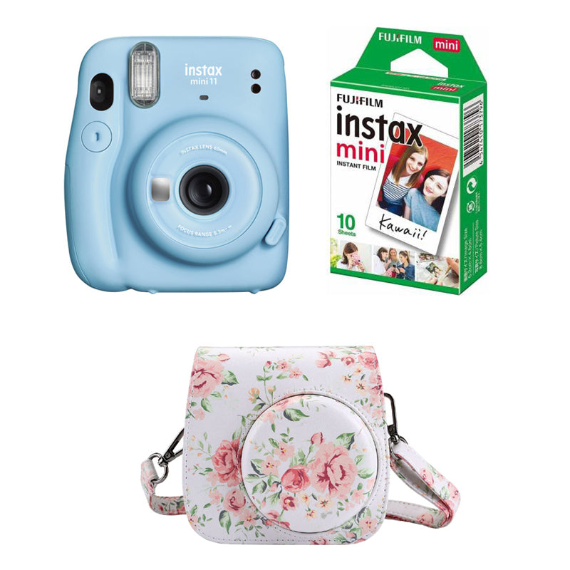 FUJIFILM INSTAX Mini 11 Instant Film Camera with 10X1 Pack of Instant Film With Floral Pouch Sky Blue