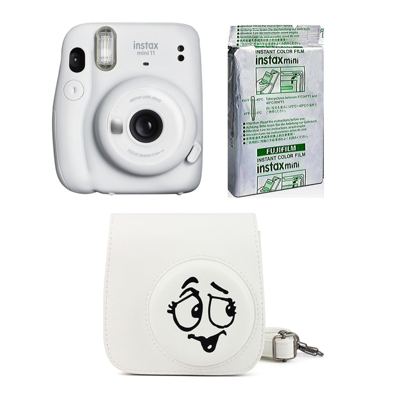 FUJIFILM INSTAX Mini 11 Instant Film Camera with 10X1 Pack of Instant Film With Wacky expressions Pouch Ice White