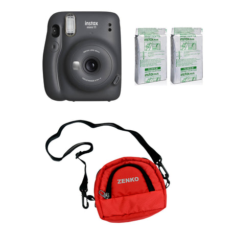 FUJIFILM INSTAX Mini 11 Instant Film Camera with Twin Pack of Instant Film With Red Pouch Kit (20 Exposures) Charcoal Gray