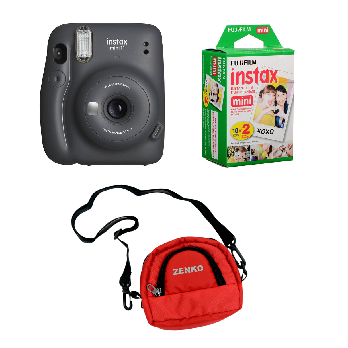 FUJIFILM INSTAX Mini 11 Instant Film Camera with Twin Pack of Instant Film With Red Pouch Kit (20 Exposures) Charcoal Gray