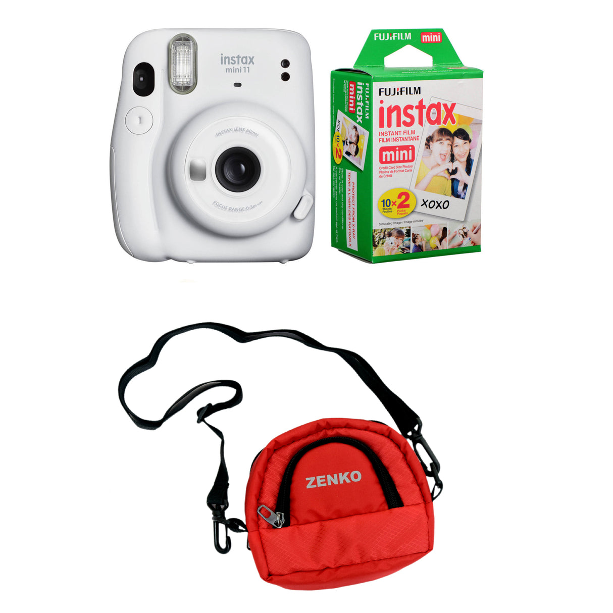 FUJIFILM INSTAX Mini 11 Instant Film Camera with Twin Pack of Instant Film With Red Pouch Kit (20 Exposures) Ice White