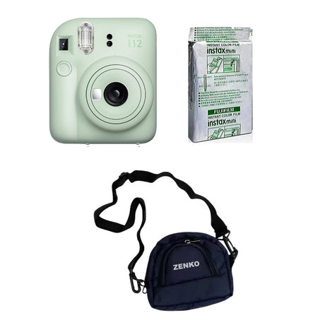 FUJIFILM INSTAX Mini 12 Instant Film Camera with 10X1 Pack of Instant Film With Blue Pouch Kit (10 Exposures) Mint Green