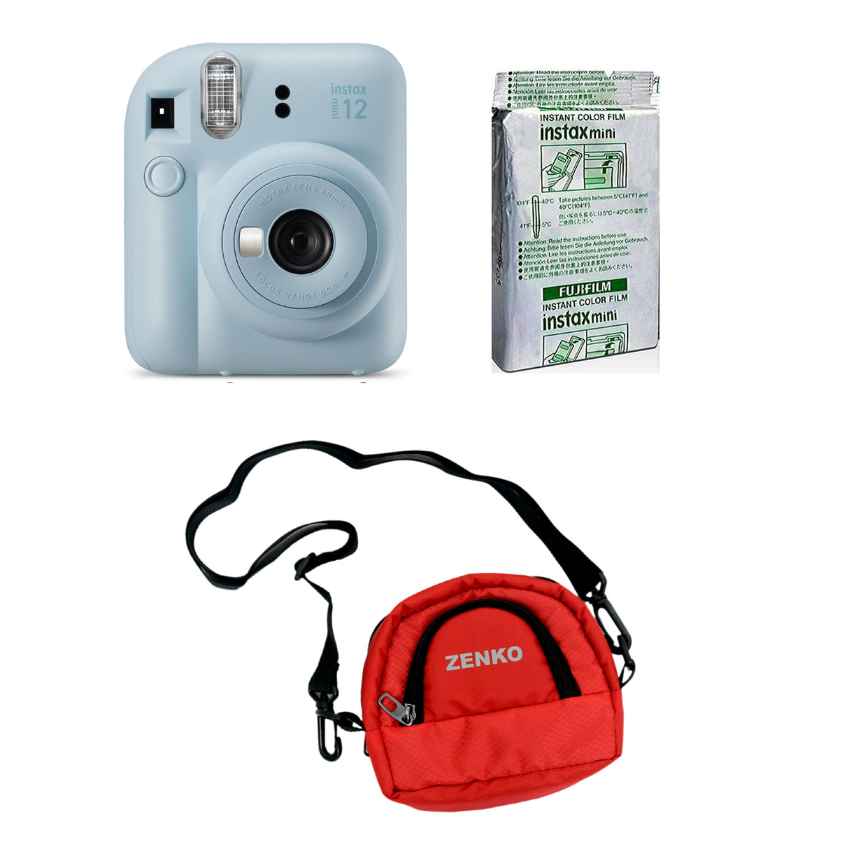FUJIFILM INSTAX Mini 12 Instant Film Camera with 10X1 Pack of Instant Film With Red Pouch Kit (10 Exposures) Pastel Blue