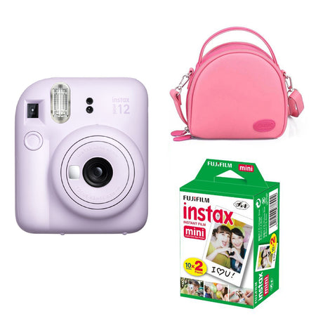 FUJIFILM INSTAX Mini 12 Instant Film Camera with pink shell bag and 20 Shots Instant film Lilac Purple