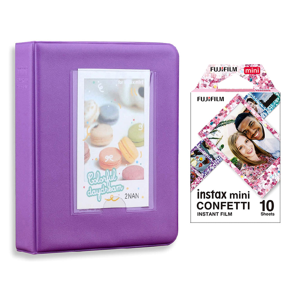 Fujifilm Instax Mini 10X1 confetti Instant Film with Instax Time Photo Album 64 Sheets Violet Purple