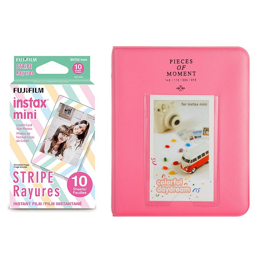 Fujifilm Instax Mini 10X1 stripe Instant Film with Instax Time Photo Album 64 Sheets Flamingo pink
