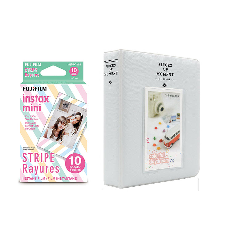 Fujifilm Instax Mini 10X1 stripe Instant Film with Instax Time Photo Album 64 Sheets Pearly white