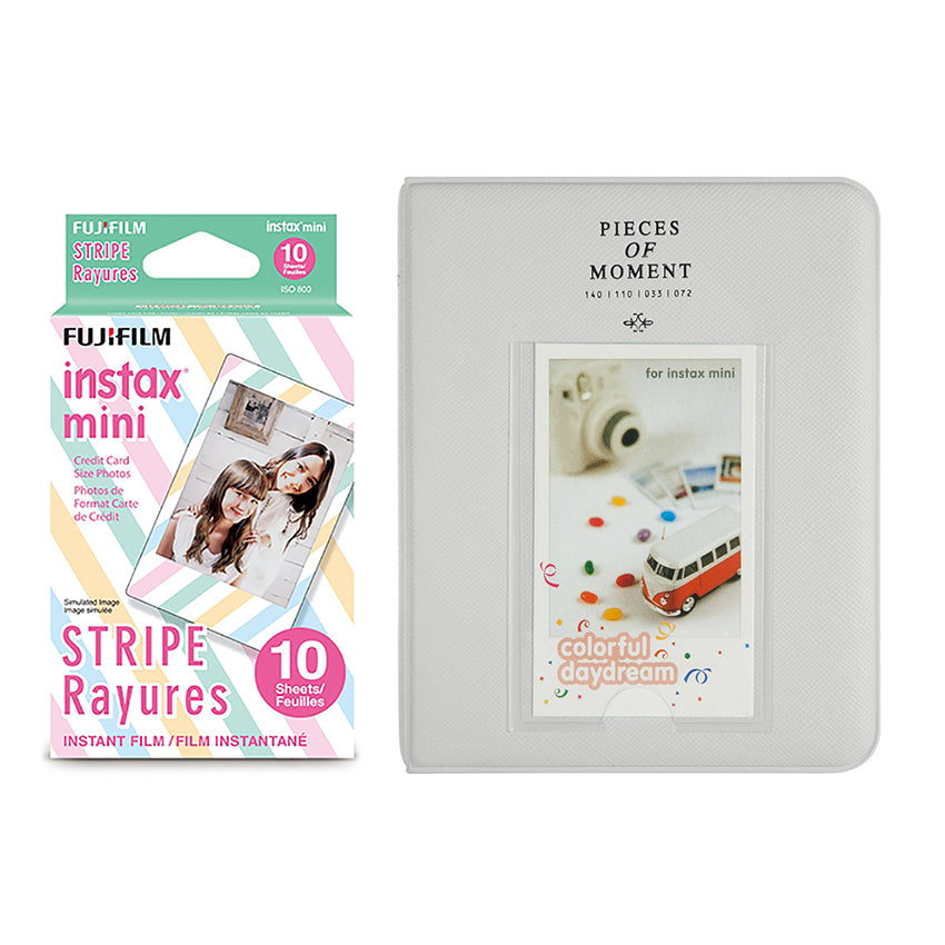 Fujifilm Instax Mini 10X1 stripe Instant Film with Instax Time Photo Album 64 Sheets Smokey white