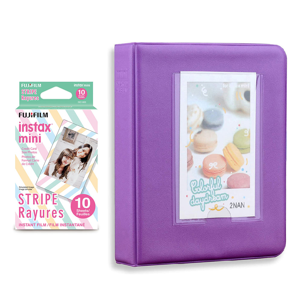 Fujifilm Instax Mini 10X1 stripe Instant Film with Instax Time Photo Album 64 Sheets Violet Purple