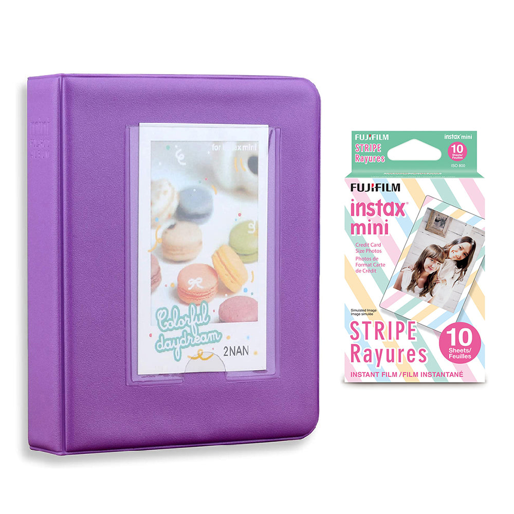 Fujifilm Instax Mini 10X1 stripe Instant Film with Instax Time Photo Album 64 Sheets Violet Purple