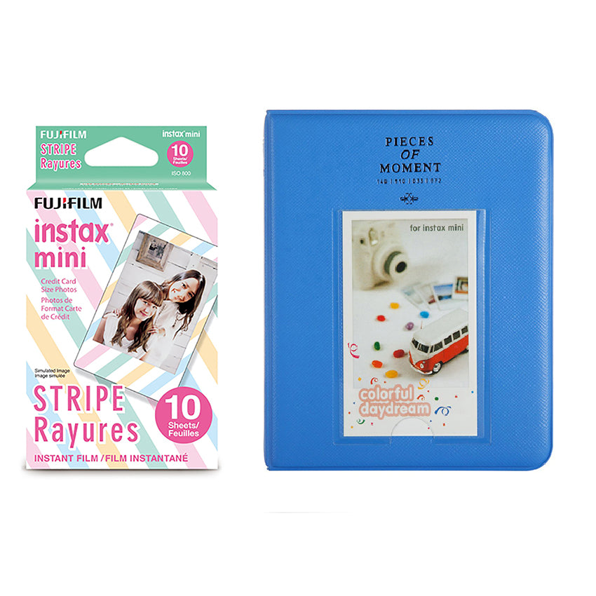 Fujifilm Instax Mini 10X1 stripe Instant Film with Instax Time Photo Album 64 Sheets Cobalt blue