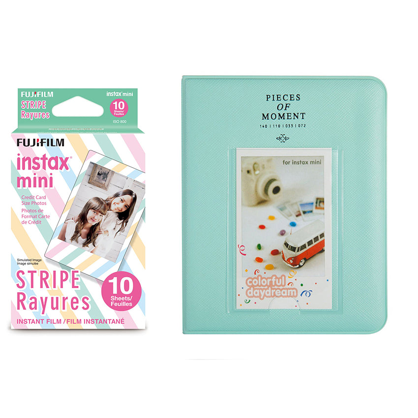 Fujifilm Instax Mini 10X1 stripe Instant Film with Instax Time Photo Album 64 Sheets Ice blue