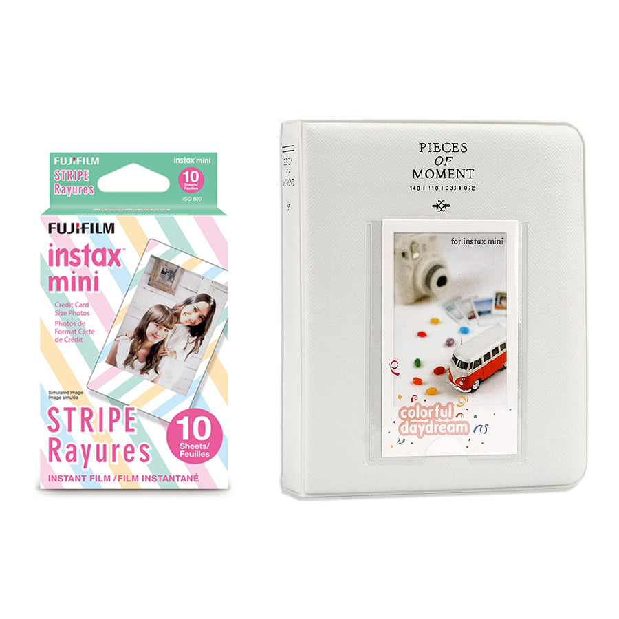 Fujifilm Instax Mini 10X1 stripe Instant Film with Instax Time Photo Album 64 Sheets Ice white