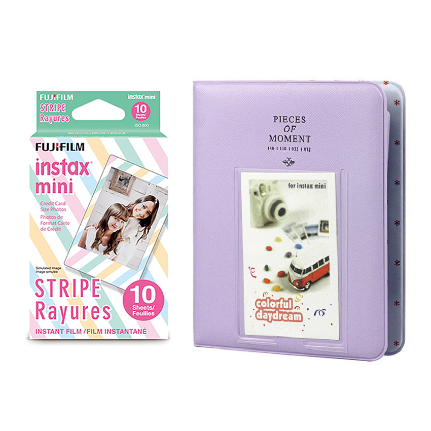 Fujifilm Instax Mini 10X1 stripe Instant Film with Instax Time Photo Album 64 Sheets Lilac purple