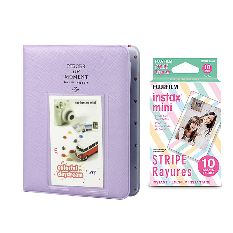 Fujifilm Instax Mini 10X1 stripe Instant Film with Instax Time Photo Album 64 Sheets Lilac purple
