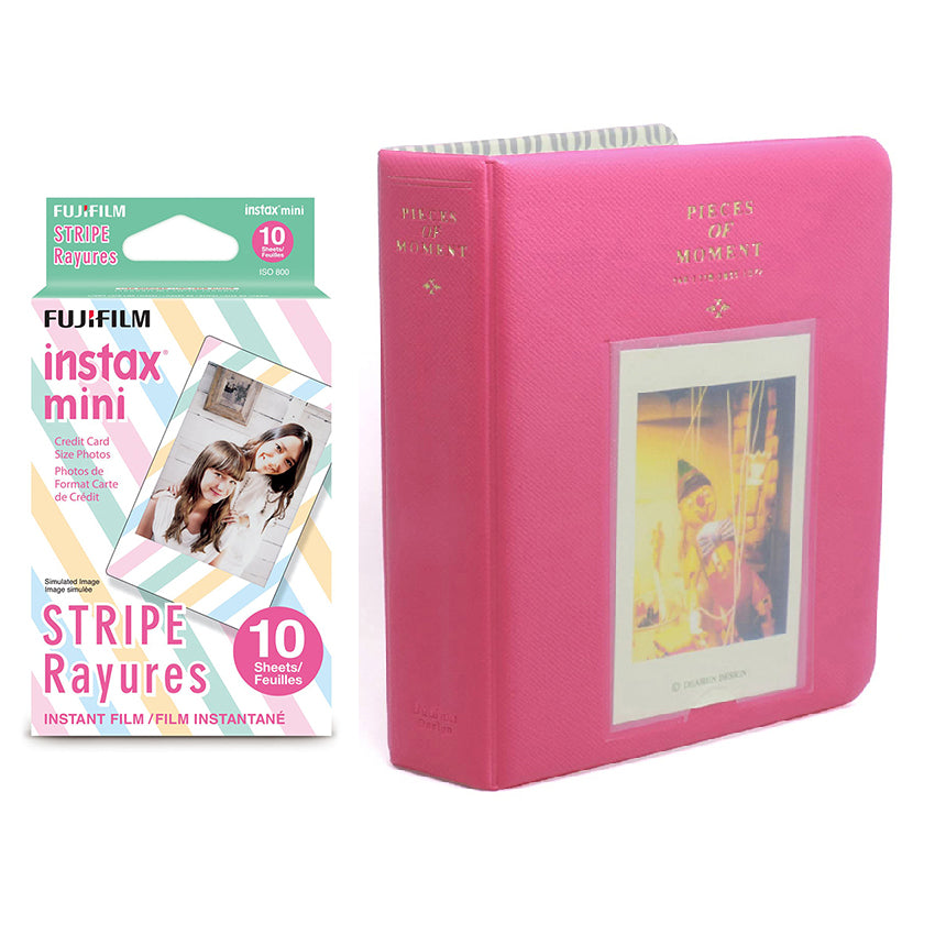 Fujifilm Instax Mini 10X1 stripe Instant Film with Instax Time Photo Album 64 Sheets rose red