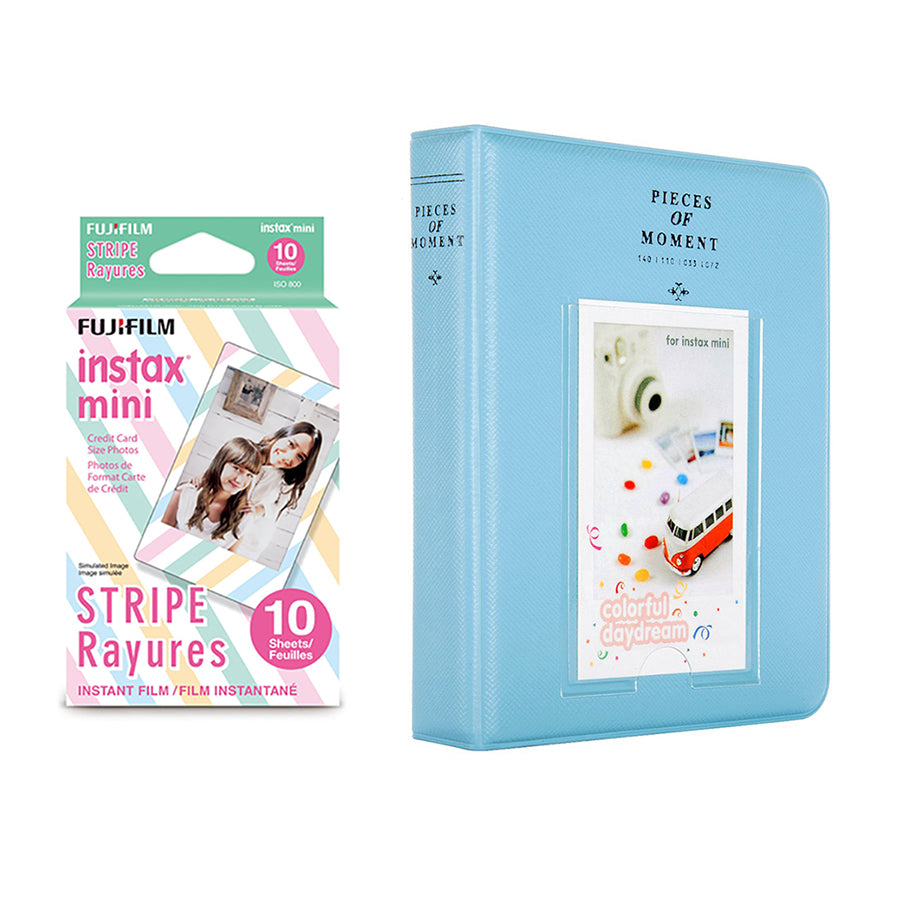 Fujifilm Instax Mini 10X1 stripe Instant Film with Instax Time Photo Album 64 Sheets Sky blue
