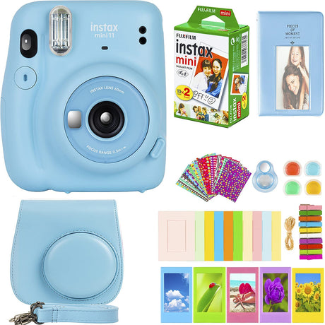 Fujifilm Instax Mini 11 Camera with Fujifilm Instant Mini Film (20 Sheets) Bundle with Deals Number One Accessories Including Carrying Case, Color Filters, Photo Album, Stickers + More Sky Blue