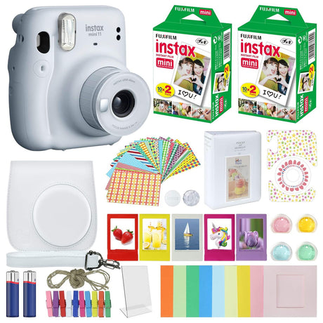 Fujifilm Instax Mini 11 Instant Camera + MiniMate Accessories Bundle + Fuji Instax Film Value Pack (40 Sheets) Accessories Bundle, Color Filters, Album, Frames Ice White