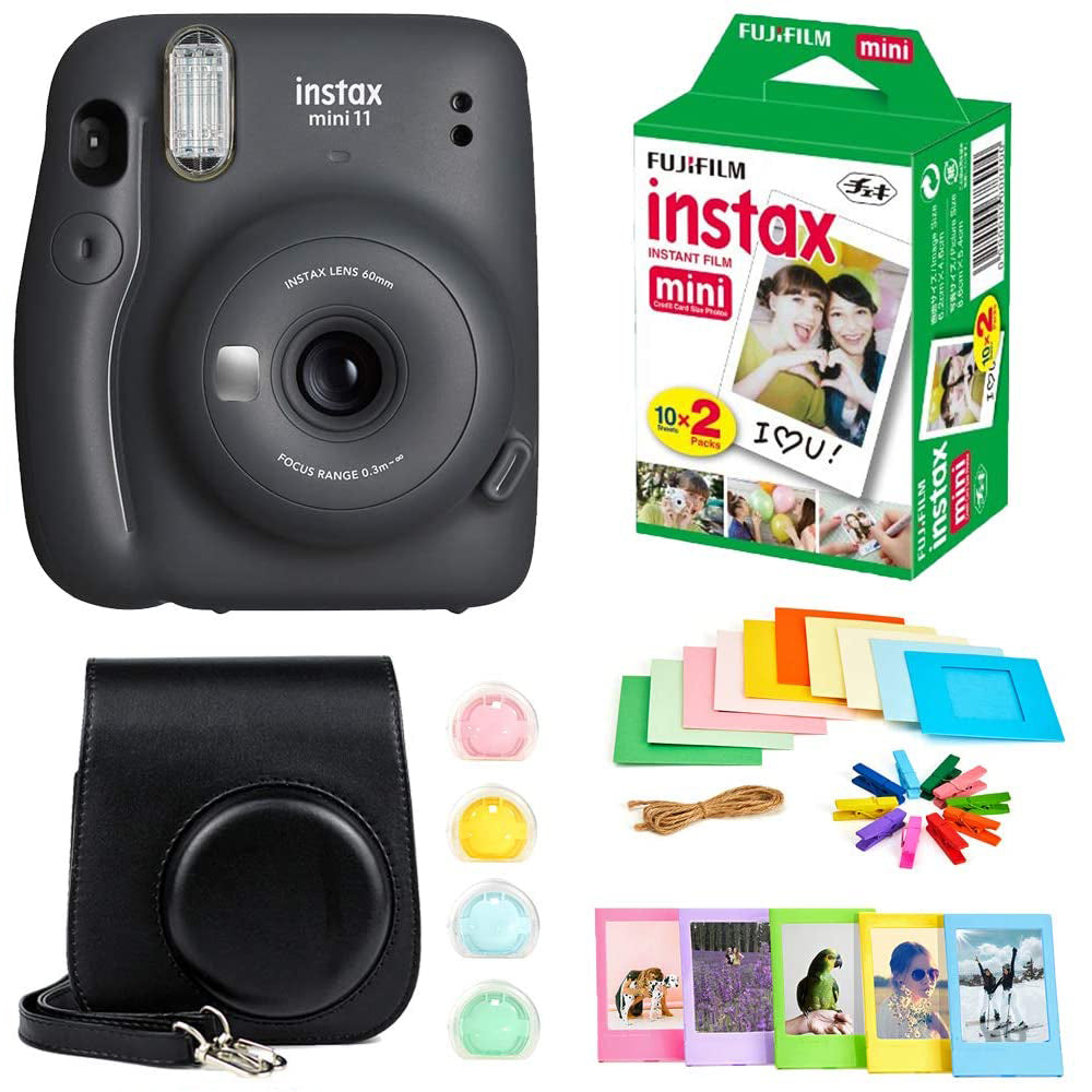 Fujifilm Instax Mini 11 Instant Camera + Instax Mini Twin Pack Film + Hanging Frames + Plastic Frames + Case + Close Up Filters - All Inclusive Bundle! Charcoal Grey