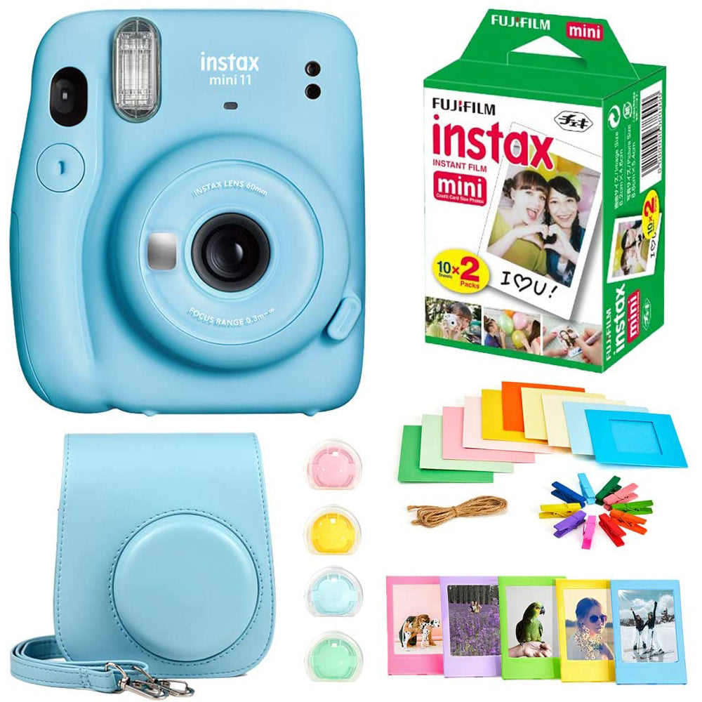 Fujifilm Instax Mini 11 Instant Camera + Instax Mini Twin Pack Film + Hanging Frames + Plastic Frames + Case + Close Up Filters - All Inclusive Bundle! Sky Blue