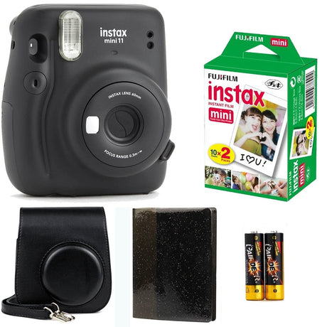 Fujifilm Instax Mini 11 Instant Camera | Instax Mini Twin Pack Film | Glitter Photo Album Holds 64 Photos | Groovy Case Charcoal Gray