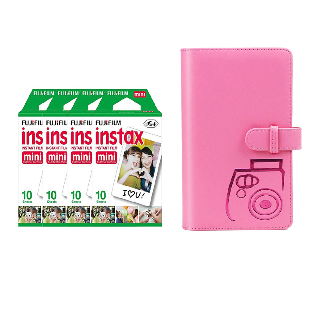 Fujifilm Instax Mini 4 Pack 10 Sheets Instant Film with 96-sheet Album for mini film Flamingo pink
