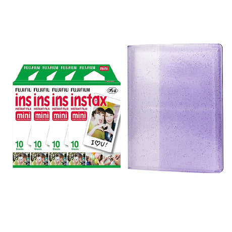 Fujifilm Instax Mini 4 Pack of 10 Sheets Instant Film with 64-Sheets Album For Mini Film 3 inch Lilac purple