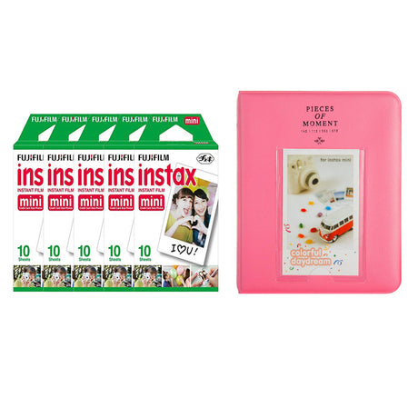 Fujifilm Instax Mini 5 Pack of 10 Sheets Instant Film with Instax Time Photo Album 64-Sheets Flamingo pink