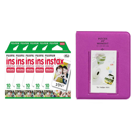 Fujifilm Instax Mini 5 Pack of 10 Sheets Instant Film with Instax Time Photo Album 64-Sheets Grape Purple