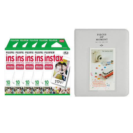 Fujifilm Instax Mini 5 Pack of 10 Sheets Instant Film with Instax Time Photo Album 64-Sheets Smokey White