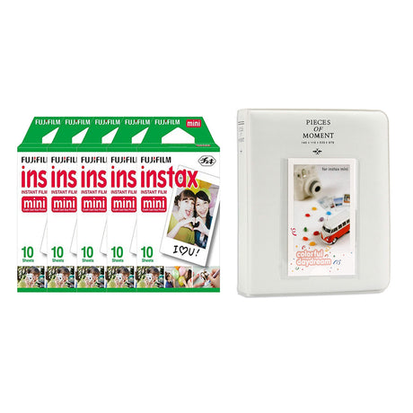 Fujifilm Instax Mini 5 Pack of 10 Sheets Instant Film with Instax Time Photo Album 64-Sheets Ice white