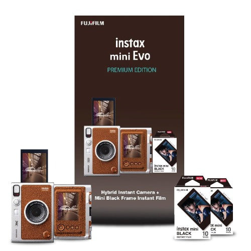 Fujifilm Instax Mini Evo Hybrid Camera Premium Edition with 20 Shots of Black Film and 100 Different Expressions brown