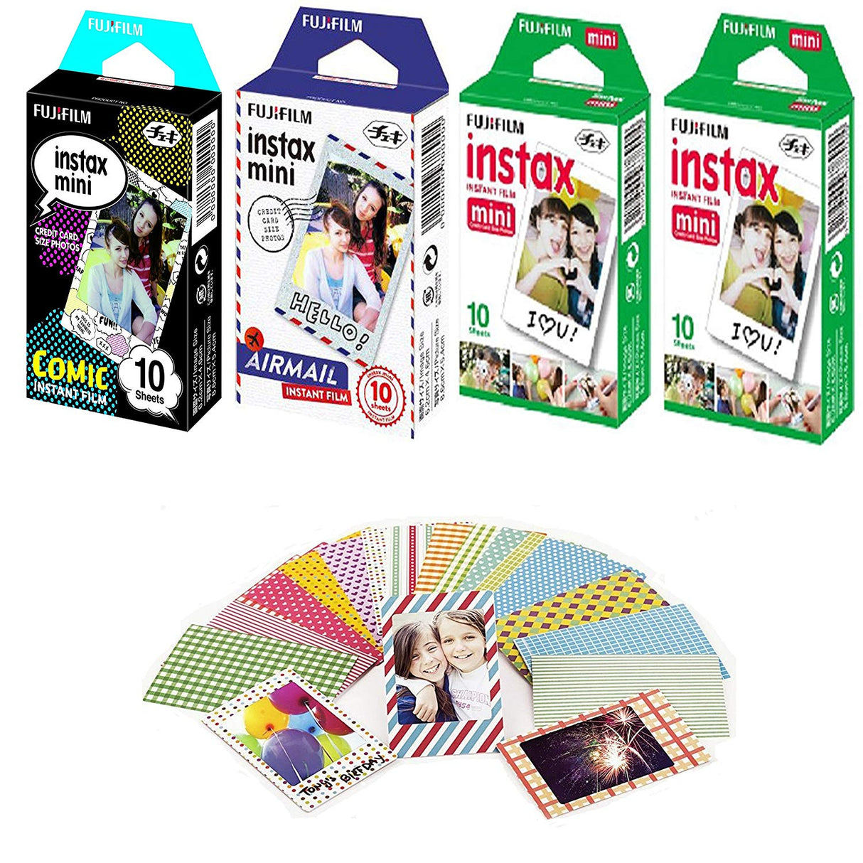 Fujifilm Instax Mini Instant Film Comic 10x1 + Airmail 10x1+ White 10x2 with 20 Decorative Skin Stickers
