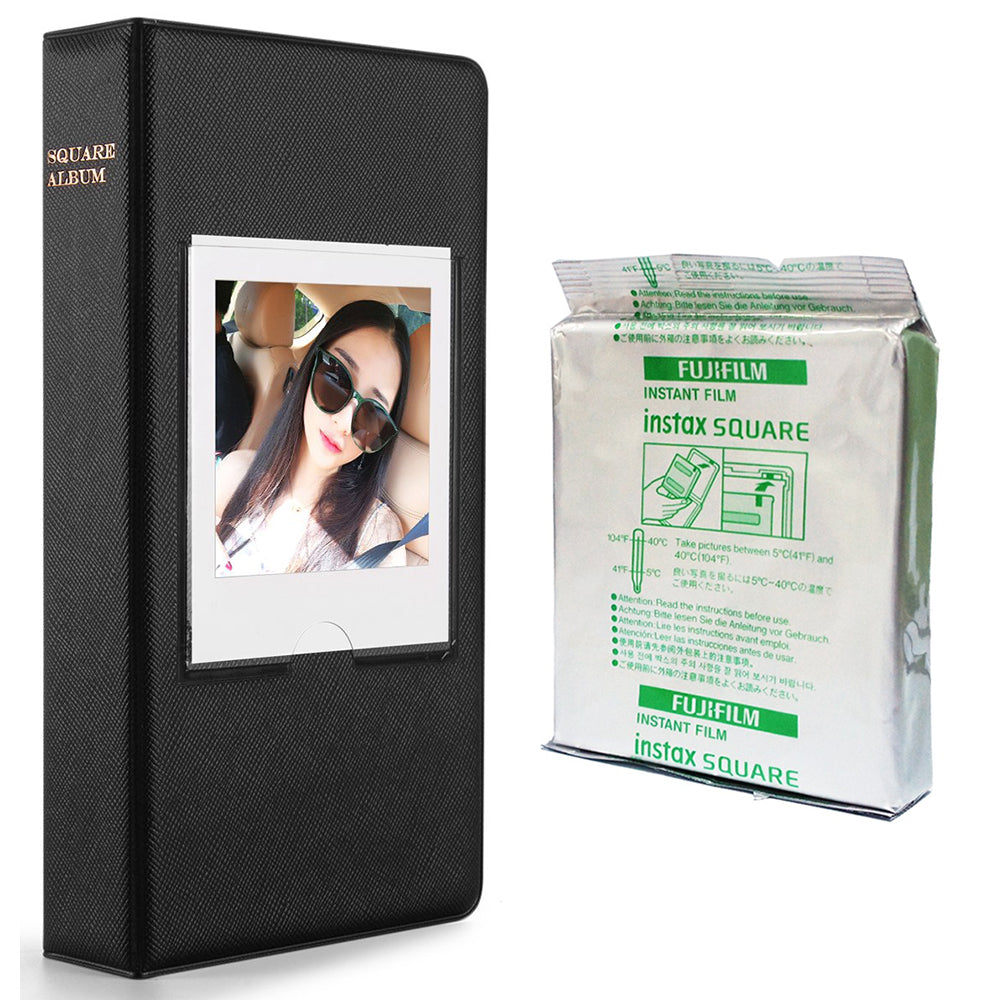 Fujifilm Instax square 10X1 white marble Instant Film With 64 sheet Album for square film Black