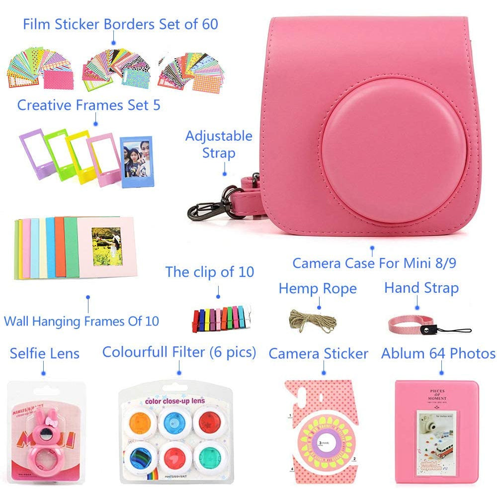 ZENKO Instant Camera Case for Mini 9 Instant camera with Color Filters, Photo Album, Stickers, Selfie Lens + More Flamingo Pink
