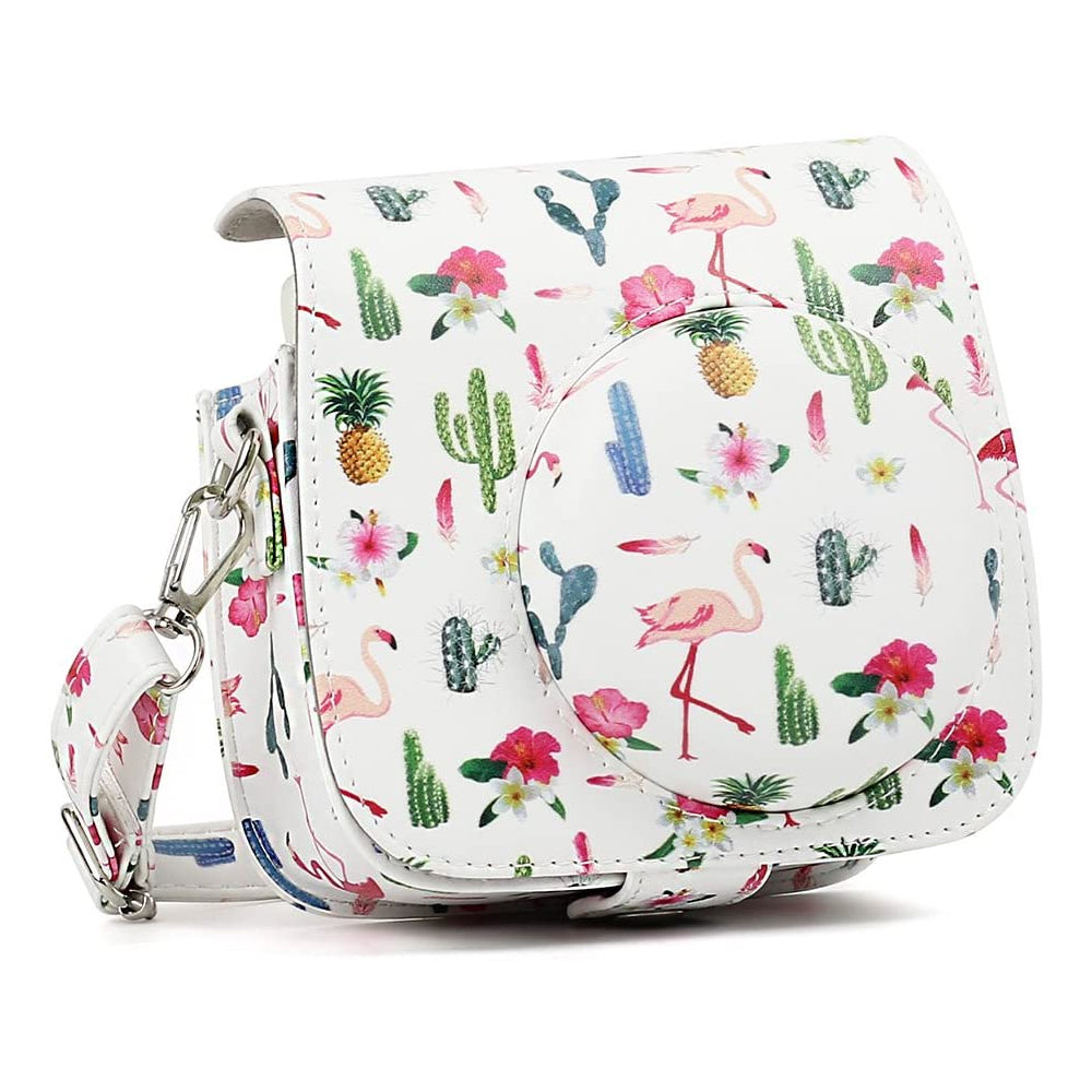 ZENKO Mini Camera Case for Instax Mini 11 9 8 8+ Instant Film Camera Premium PU Leather with Shoulder Strap Flamingo Cactus