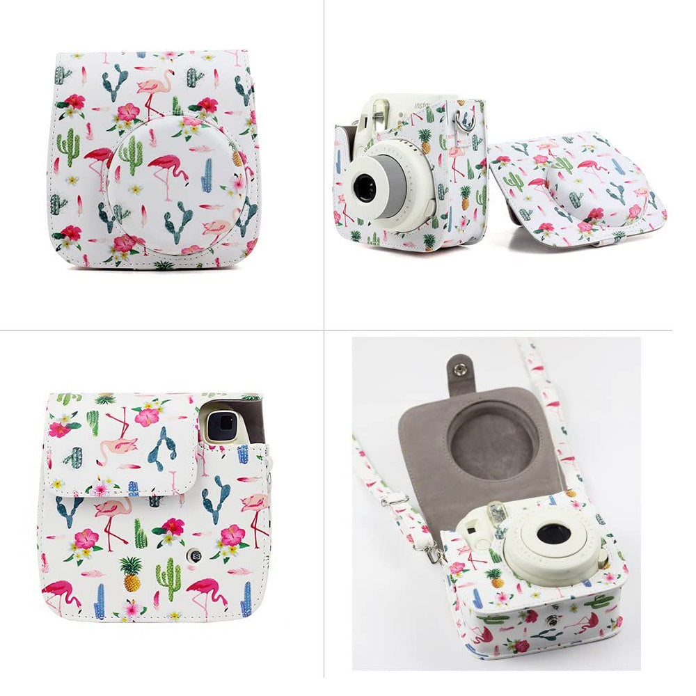 ZENKO Mini Camera Case for Instax Mini 11 9 8 8+ Instant Film Camera Premium PU Leather with Shoulder Strap Flamingo Cactus