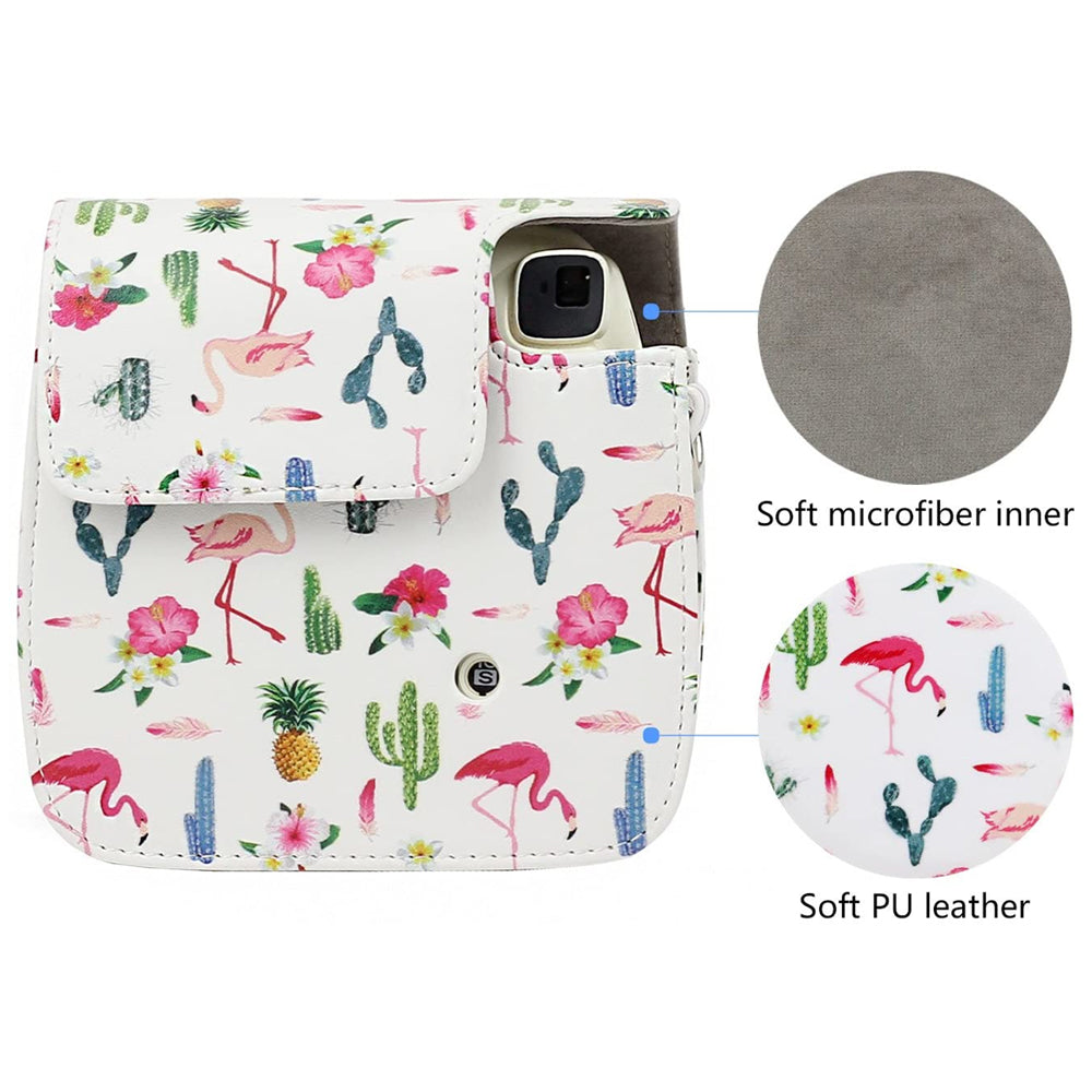 ZENKO Mini Camera Case for Instax Mini 11 9 8 8+ Instant Film Camera Premium PU Leather with Shoulder Strap Flamingo Cactus