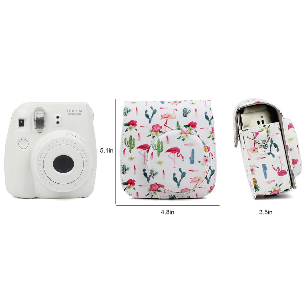 ZENKO Mini Camera Case for Instax Mini 11 9 8 8+ Instant Film Camera Premium PU Leather with Shoulder Strap Flamingo Cactus