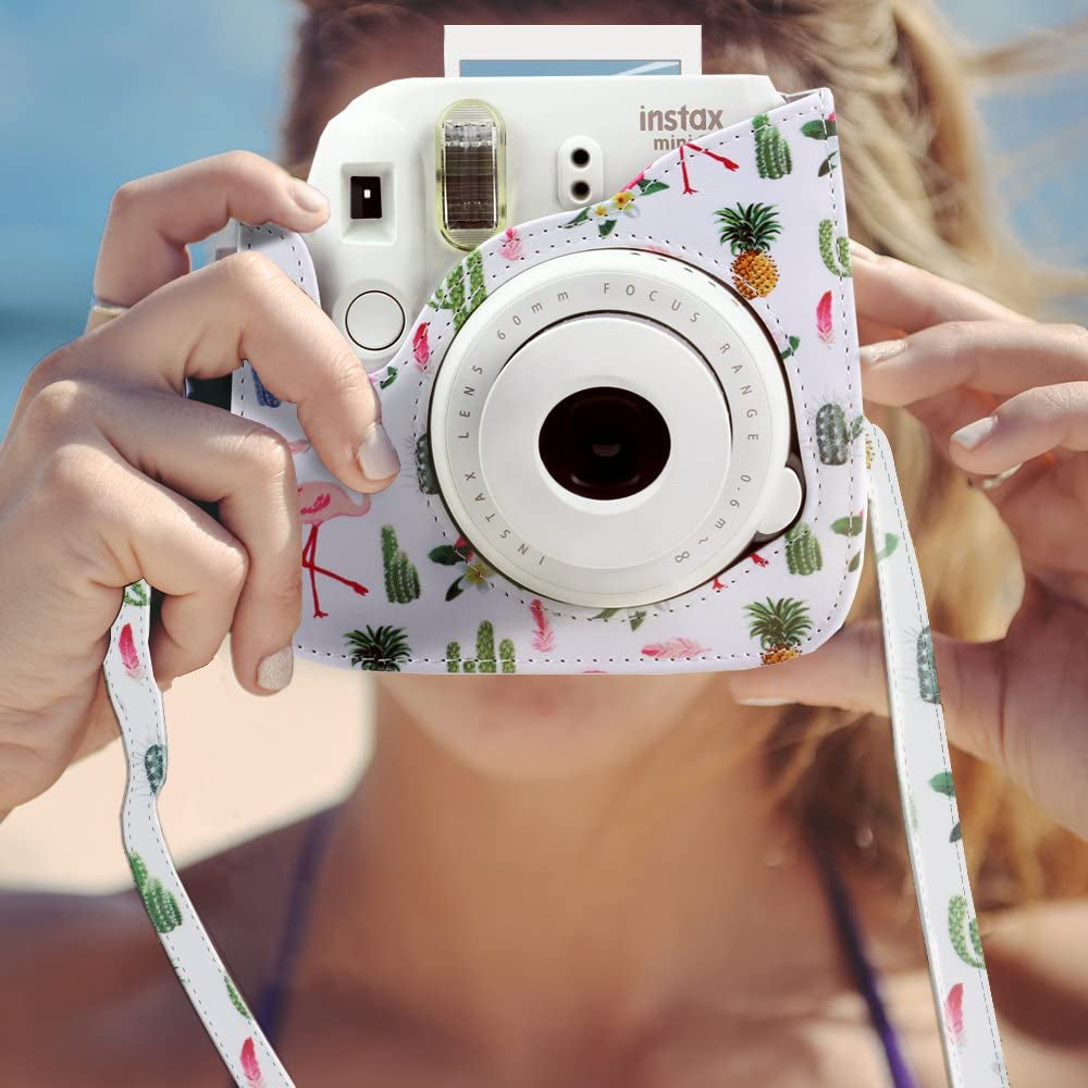 ZENKO Mini Camera Case for Instax Mini 11 9 8 8+ Instant Film Camera Premium PU Leather with Shoulder Strap Flamingo Cactus