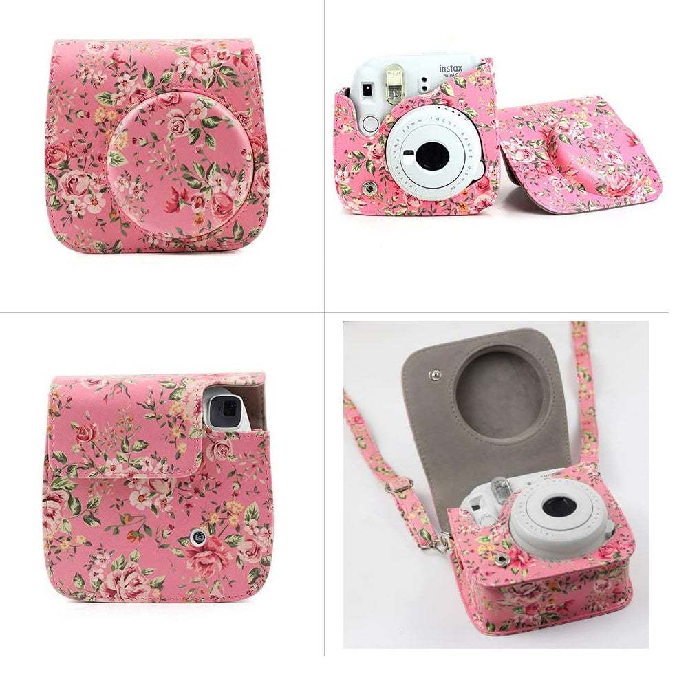ZENKO Mini Camera Case for Instax Mini 11 9 8 8+ Instant Film Camera Premium PU Leather with Shoulder Strap Rose Pink