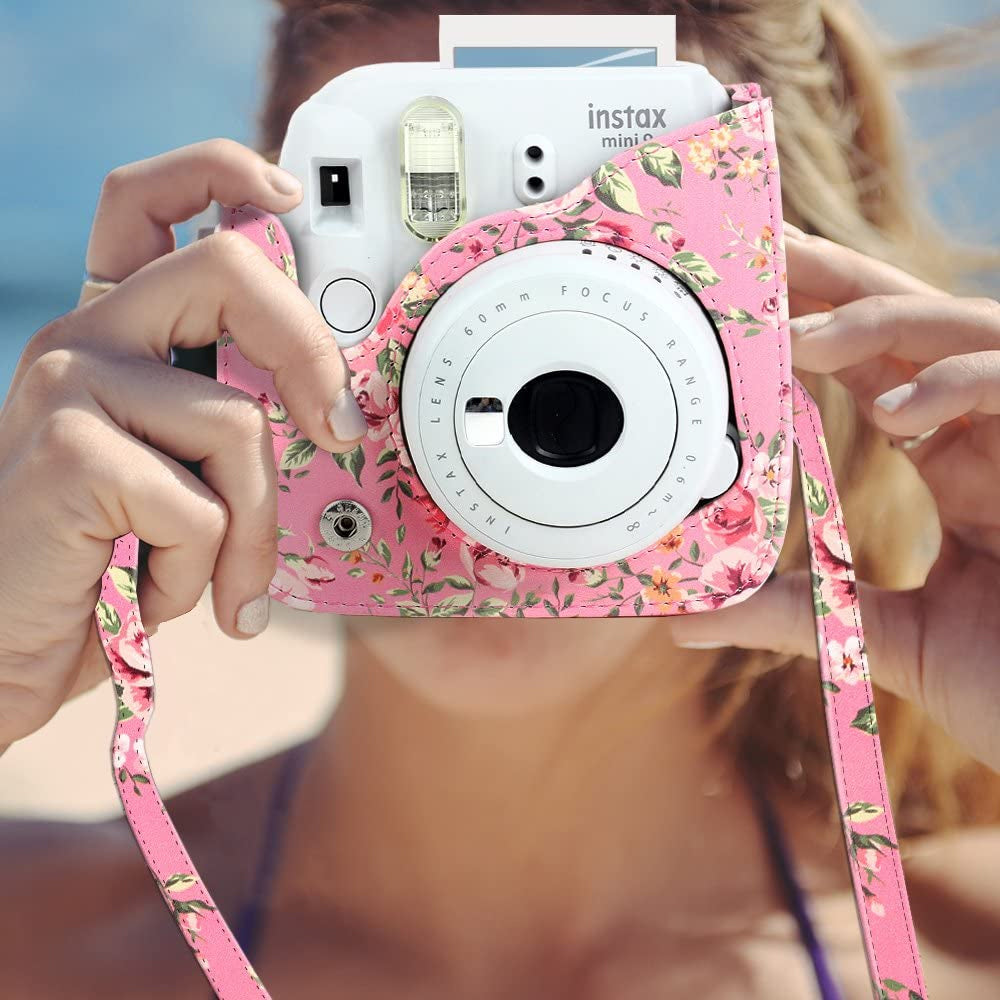 ZENKO Mini Camera Case for Instax Mini 11 9 8 8+ Instant Film Camera Premium PU Leather with Shoulder Strap Rose Pink