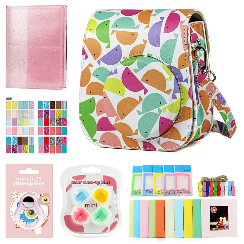 ZENKO Premium Leather Cover Protective Case Camera Bag with Removable Strap Compatible for Fujifilm Instax Mini 11 Instant Camera Colorful Whale