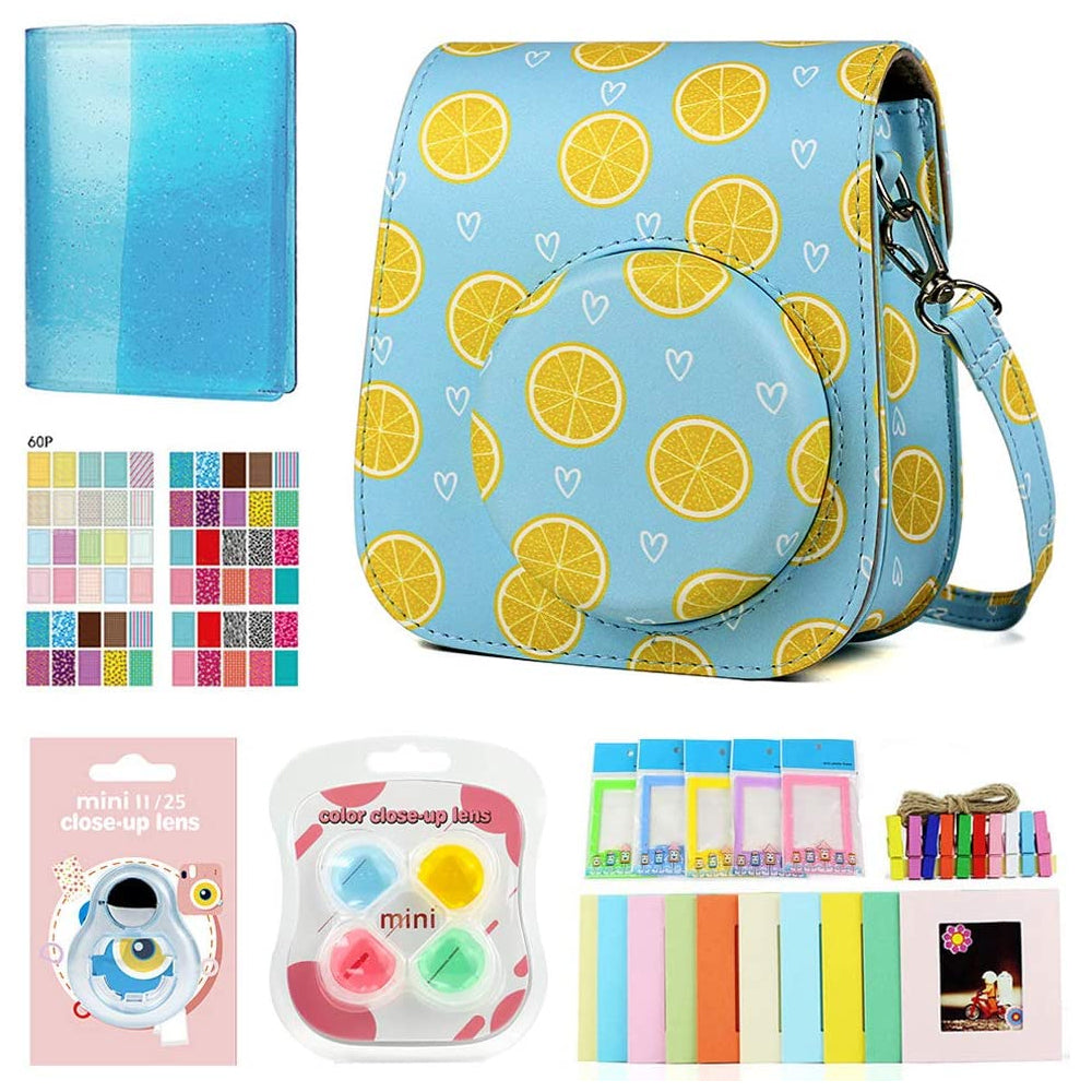 ZENKO Premium Leather Cover Protective Case Camera Bag with Removable Strap Compatible for Fujifilm Instax Mini 11 Instant Camera Lemon Blue